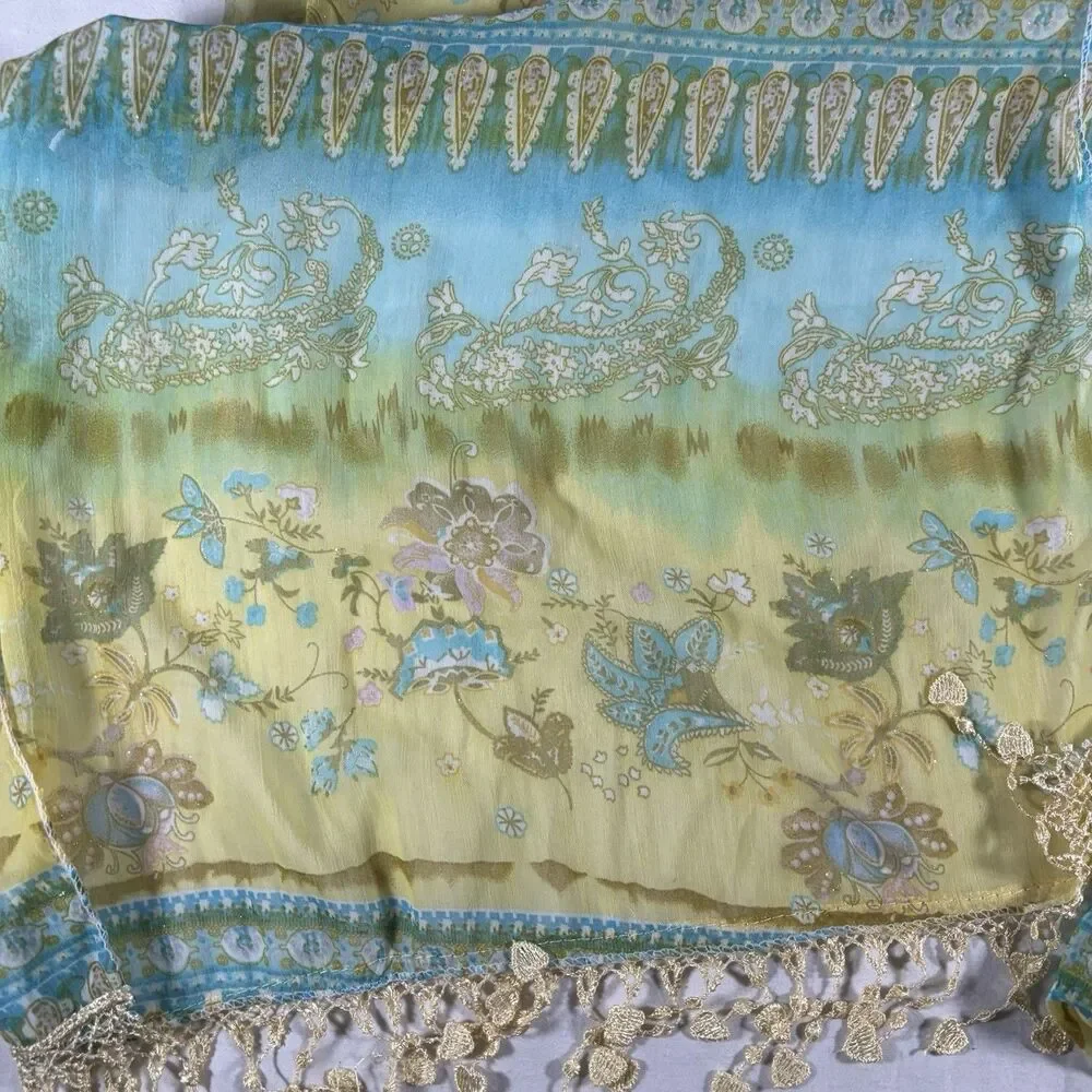 Floral Scarf Fringe Trim Woven Gold Teal Brown Lightweight Pashmina Wrap